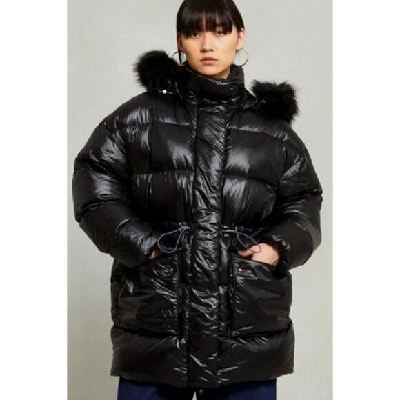 Women's Adidas Black Puff Parka Faux Fur Hooded Jacket Size M NEW
